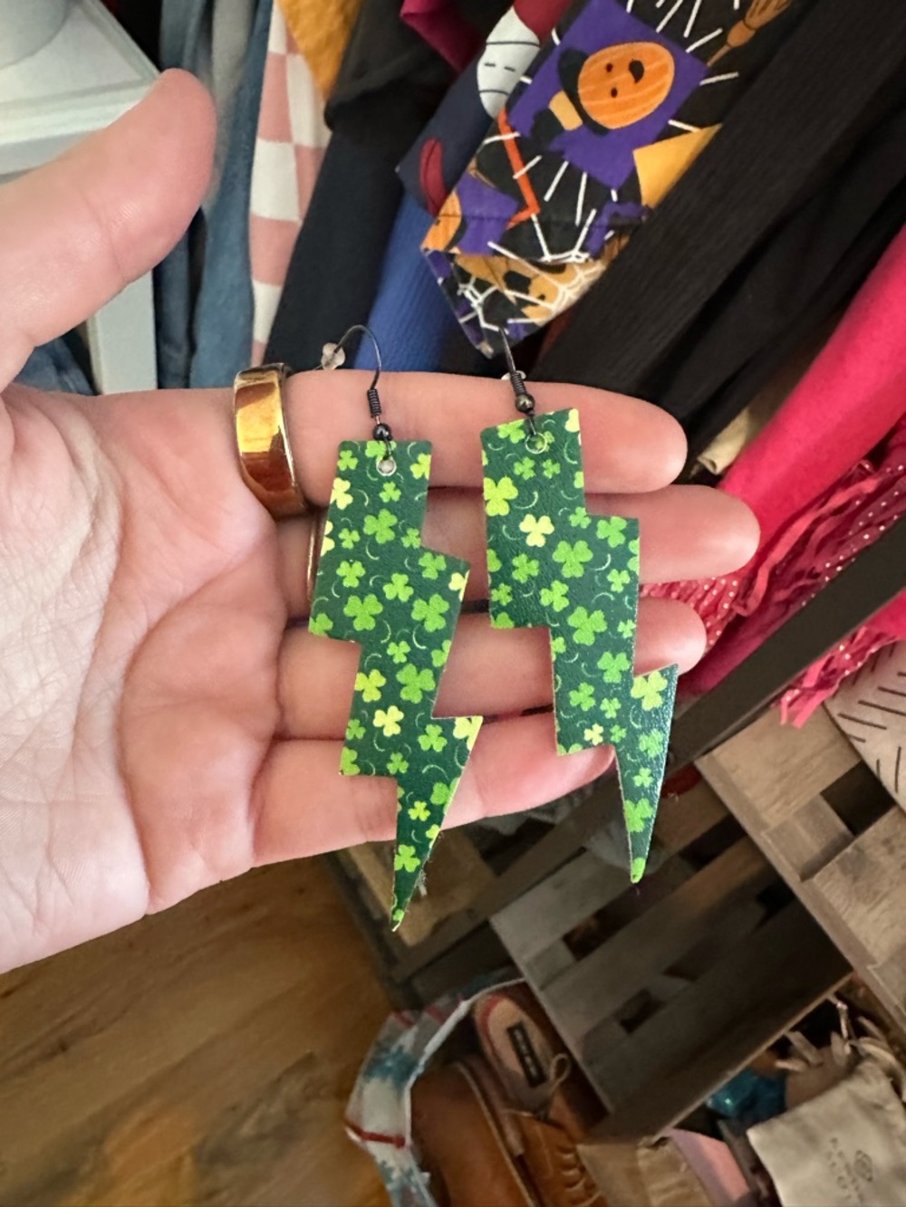 Green Shamrock Lightning Bolt Dangle Earrings